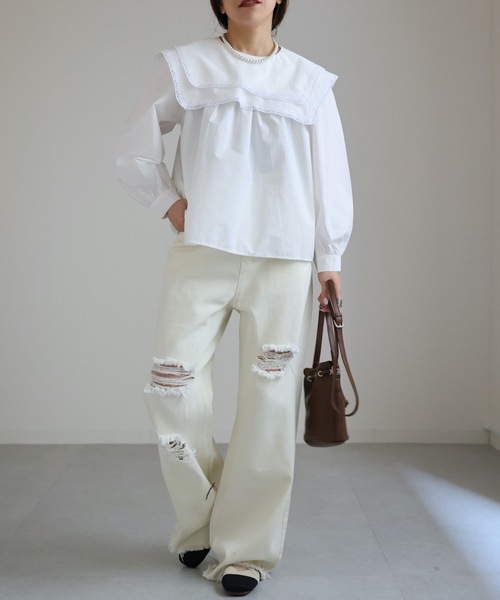 ap retro（アプレトロ）の「ダメージデニムワイドパンツ　カラーパンツ（デニムパンツ・レディース・ブルー/アイボリー/ブラック・MEDIUM/LARGE）」の18枚目の写真