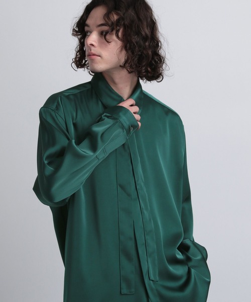 HARE(ハレ)の「シルキーナローボウタイシャツ(HARE)(シャツ/ブラウス・メンズ・グリーン/ブラック/オフホワイト・FREE)」の1枚目の写真