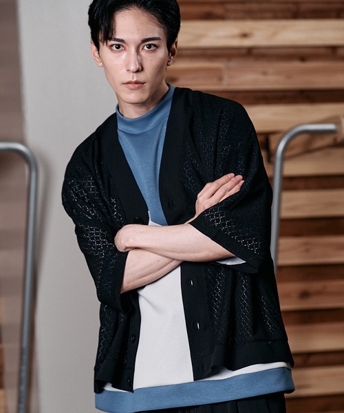 NO ID.（ノーアイディ）の「【NO ID.】Lace Cardigan / レース カーディガン（カーディガン/ボレロ・メンズ・ライトブルー/ブラック/ホワイト・ONE SIZE）」の2枚目の写真