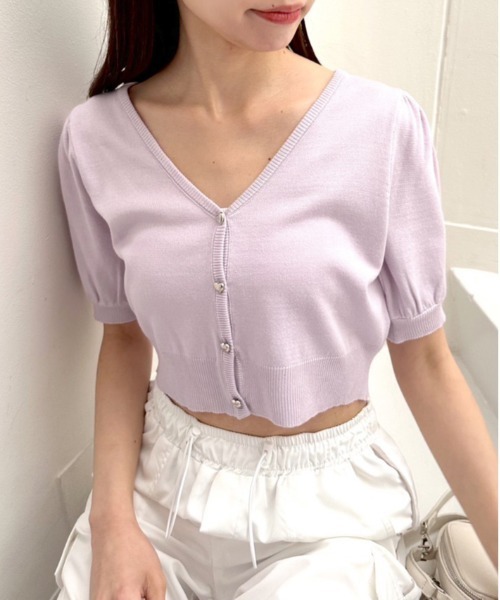 OLIVE des OLIVE(オリーブデオリーブ)の「半袖ハートボタンカーディガン 1031050240(カーディガン/ボレロ・レディース・ブラック/サックスブルー/オフホワイト/レッド/ラベンダー・FREE)」の4枚目の写真