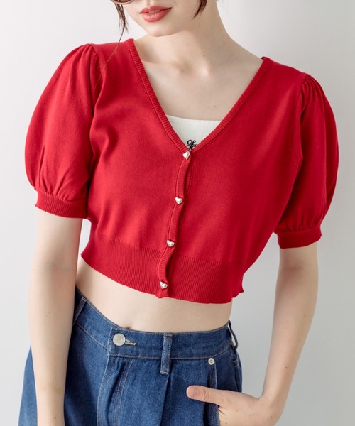 OLIVE des OLIVE(オリーブデオリーブ)の「半袖ハートボタンカーディガン 1031050240(カーディガン/ボレロ・レディース・ブラック/サックスブルー/オフホワイト/レッド/ラベンダー・FREE)」の5枚目の写真