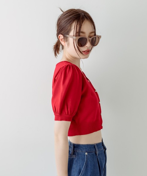 OLIVE des OLIVE(オリーブデオリーブ)の「半袖ハートボタンカーディガン 1031050240(カーディガン/ボレロ・レディース・ブラック/サックスブルー/オフホワイト/レッド/ラベンダー・FREE)」の7枚目の写真