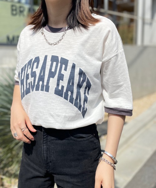 mi via loca(ミヴィアロカ)の「CVCスラブ天竺リンガーBIGTシャツ(Tシャツ/カットソー・レディース・ホワイト系1/ホワイト系2/ホワイト系3・FREE)」の5枚目の写真