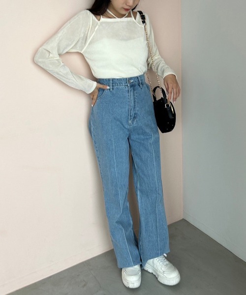 one after another NICE CLAUP（ワンアフターアナザーナイスクラップ）の「リボンラインストーンデニム（デニムパンツ・レディース・ライトブルー/ネイビー/ピンク・SMALL/MEDIUM）」の7枚目の写真