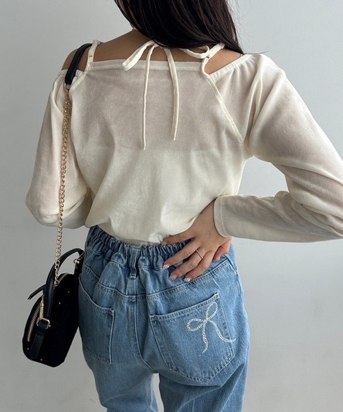 one after another NICE CLAUP（ワンアフターアナザーナイスクラップ）の「リボンラインストーンデニム（デニムパンツ・レディース・ライトブルー/ネイビー/ピンク・SMALL/MEDIUM）」の9枚目の写真