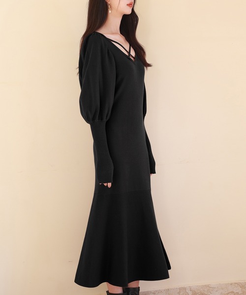 セール】マトンスリーブニットミモレ丈ワンピース（ワンピース