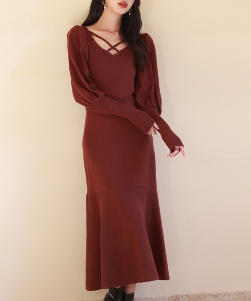 セール】マトンスリーブニットミモレ丈ワンピース（ワンピース