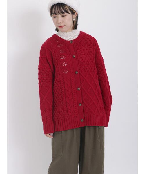Samansa Mos2（サマンサ モスモス）の「【FluffyWoolBlend】柄編みカーディガン（カーディガン/ボレロ・レディース・レッド/モカ/チャコールグレー/オフホワイト・F）」の4枚目の写真