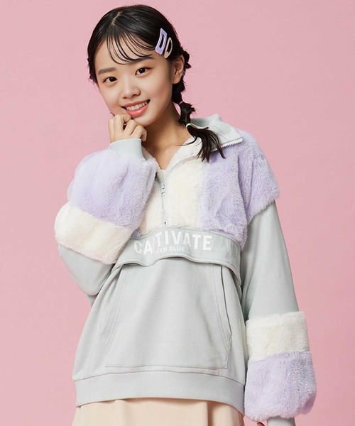 VIVIAN BLUE（ビビアンブルー）の「【VIVIAN BLUE】フェイクファー切り替えハーフジップスウェット（スウェット・キッズ・ブラック/ライム・120/150/130/140）」の9枚目の写真