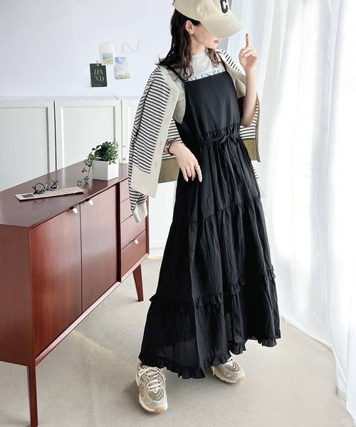 classicalelf（クラシカルエルフ）の「3段ティアードで大人可愛い！シアーフリルキャミワンピース（ワンピース・レディース・モカ/ブラック/オフホワイト・X-LARGE/LARGE/MEDIUM/SMALL）」の10枚目の写真