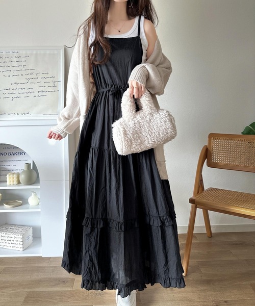 セール】3段ティアードで大人可愛い！シアーフリルキャミワンピース