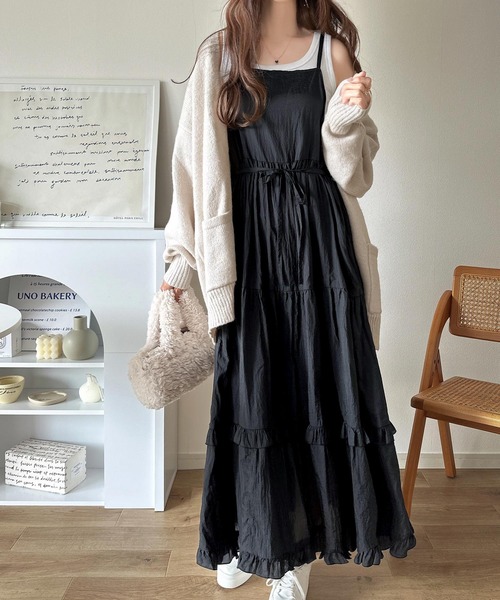 セール】3段ティアードで大人可愛い！シアーフリルキャミワンピース