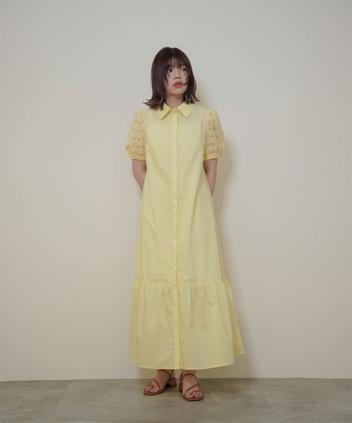 mimi toujours（ミミトゥジュール）の「チェック スリーブ フレアヘム シャツ ワンピース  mimi toujours×itsPeachi（ワンピース・レディース・レモンイエロー/コーラルピンク・M）」の2枚目の写真