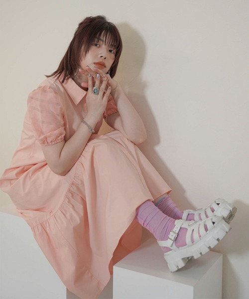 mimi toujours（ミミトゥジュール）の「チェック スリーブ フレアヘム シャツ ワンピース  mimi toujours×itsPeachi（ワンピース・レディース・レモンイエロー/コーラルピンク・M）」の10枚目の写真