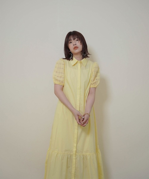 mimi toujours（ミミトゥジュール）の「チェック スリーブ フレアヘム シャツ ワンピース  mimi toujours×itsPeachi（ワンピース・レディース・レモンイエロー/コーラルピンク・M）」の5枚目の写真