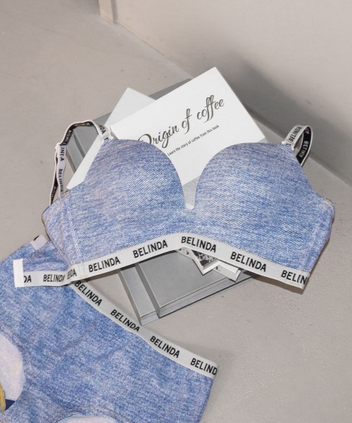 【美品】feelcycle★デニム生地プリント ブラトップ★ネイビー×ピンク★S ▽【ロゴを覗かせてY2K感たっぷりの着こなしが可愛い！デニム地で