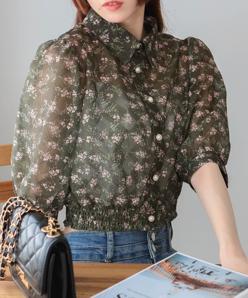 pumpkin port（パンプキンポート）の「花柄レース地 裾シャーリング 半袖 クロップド ブラウス（シャツ/ブラウス・レディース・ブルー/ベージュ/グリーン/ピンク/ブラック/アイボリー/カーキ/ワインレッド・M/L/LL）」の5枚目の写真