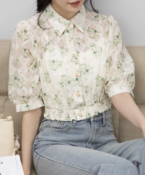 pumpkin port（パンプキンポート）の「花柄レース地 裾シャーリング 半袖 クロップド ブラウス（シャツ/ブラウス・レディース・ブルー/ベージュ/グリーン/ピンク/ブラック/アイボリー/カーキ/ワインレッド・M/L/LL）」の14枚目の写真