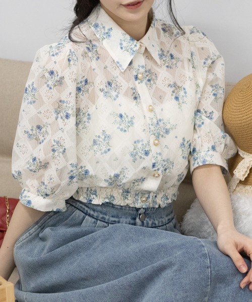 pumpkin port（パンプキンポート）の「花柄レース地 裾シャーリング 半袖 クロップド ブラウス（シャツ/ブラウス・レディース・ブルー/ベージュ/グリーン/ピンク/ブラック/アイボリー/カーキ/ワインレッド・M/L/LL）」の19枚目の写真