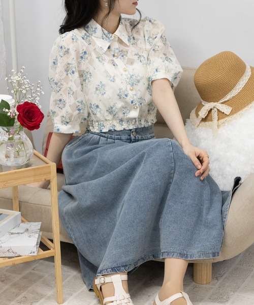 pumpkin port（パンプキンポート）の「花柄レース地 裾シャーリング 半袖 クロップド ブラウス（シャツ/ブラウス・レディース・ブルー/ベージュ/グリーン/ピンク/ブラック/アイボリー/カーキ/ワインレッド・M/L/LL）」の20枚目の写真