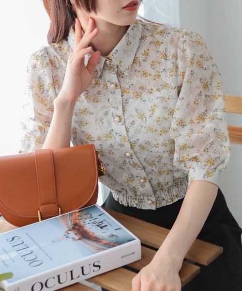 TIMOTHY【M】ギャザー レース ブラウス 長袖 花柄 裾 袖シースルー TIMOTHY【M】ギャザー レース ブラウス 長袖 花柄 裾 袖