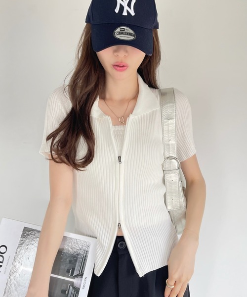 Ada.(エイダ)の「ダブルジップ コンパクト 半袖 ニット(Tシャツ/カットソー・レディース・ブラック/ホワイト/ピンク・FREE)」の21枚目の写真