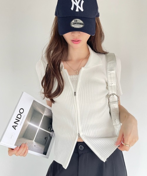 Ada.(エイダ)の「ダブルジップ コンパクト 半袖 ニット(Tシャツ/カットソー・レディース・ブラック/ホワイト/ピンク・FREE)」の18枚目の写真