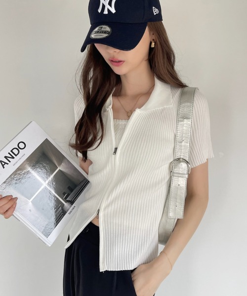 Ada.(エイダ)の「ダブルジップ コンパクト 半袖 ニット(Tシャツ/カットソー・レディース・ブラック/ホワイト/ピンク・FREE)」の17枚目の写真
