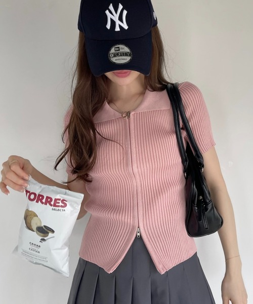 Ada.(エイダ)の「ダブルジップ コンパクト 半袖 ニット(Tシャツ/カットソー・レディース・ブラック/ホワイト/ピンク・FREE)」の14枚目の写真