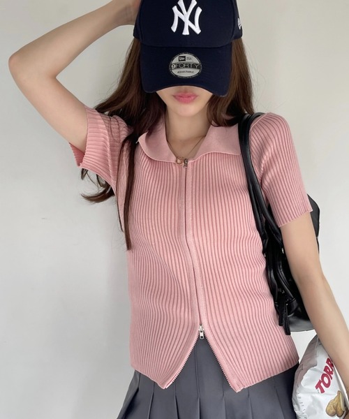 Ada.(エイダ)の「ダブルジップ コンパクト 半袖 ニット(Tシャツ/カットソー・レディース・ブラック/ホワイト/ピンク・FREE)」の13枚目の写真