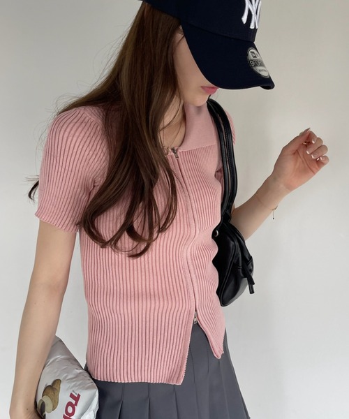 Ada.(エイダ)の「ダブルジップ コンパクト 半袖 ニット(Tシャツ/カットソー・レディース・ブラック/ホワイト/ピンク・FREE)」の11枚目の写真