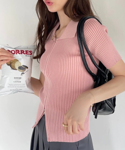Ada.(エイダ)の「ダブルジップ コンパクト 半袖 ニット(Tシャツ/カットソー・レディース・ブラック/ホワイト/ピンク・FREE)」の10枚目の写真