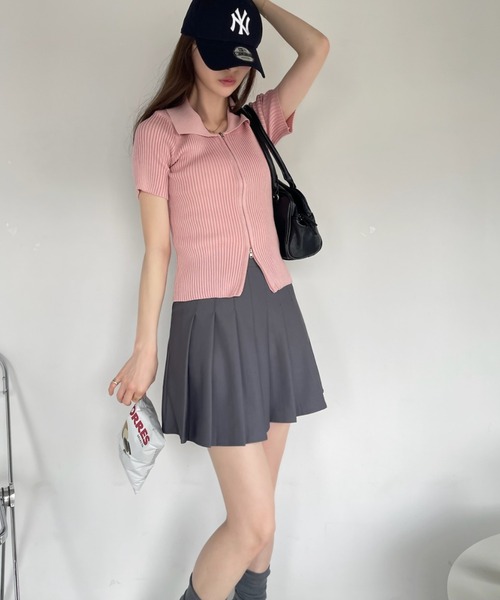 Ada.(エイダ)の「ダブルジップ コンパクト 半袖 ニット(Tシャツ/カットソー・レディース・ブラック/ホワイト/ピンク・FREE)」の8枚目の写真