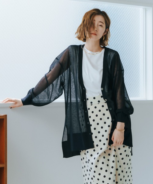 YECCA VECCA（イェッカヴェッカ）の「シアーニットミドル丈カーディガン（カーディガン/ボレロ・レディース・ブラック/ライトベージュ/グリーン系その他3・FREE）」の2枚目の写真