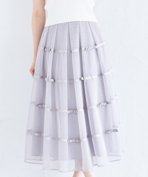 tocco closet(トッコ クローゼット)の「デコレーションリボンメッシュタックフレアスカート(スカート・レディース・ピンク/ブラック/グレー・M)」の2枚目の写真