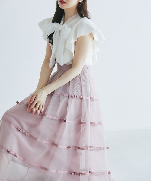 tocco closet(トッコ クローゼット)の「デコレーションリボンメッシュタックフレアスカート(スカート・レディース・ピンク/ブラック/グレー・M)」の3枚目の写真