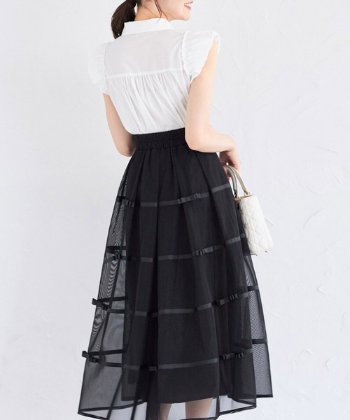 tocco closet(トッコ クローゼット)の「デコレーションリボンメッシュタックフレアスカート(スカート・レディース・ピンク/ブラック/グレー・M)」の5枚目の写真