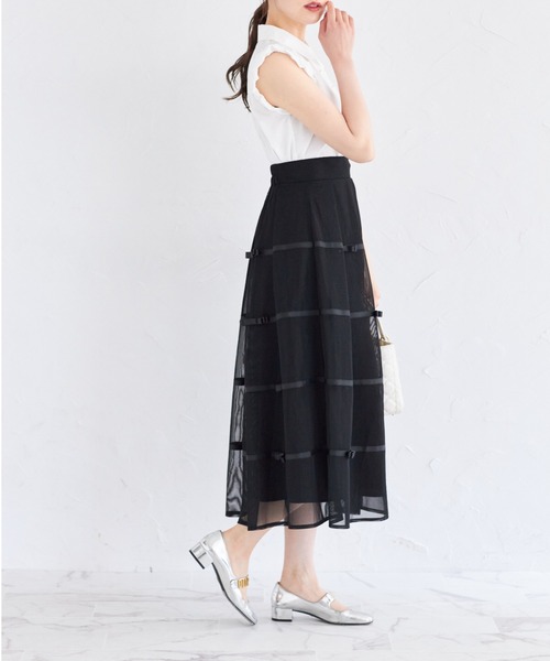 tocco closet(トッコ クローゼット)の「デコレーションリボンメッシュタックフレアスカート(スカート・レディース・ピンク/ブラック/グレー・M)」の6枚目の写真