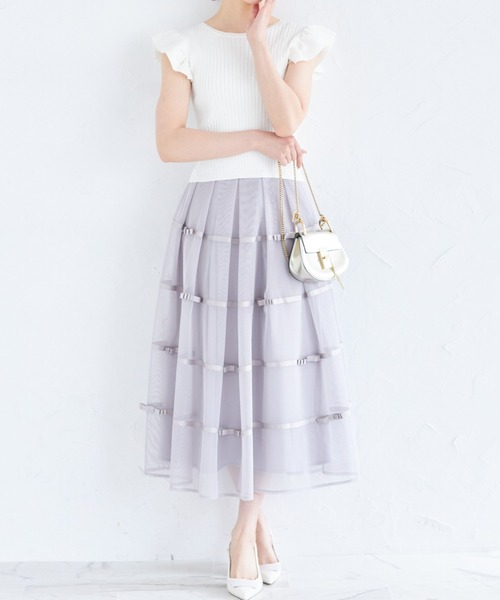 tocco closet(トッコ クローゼット)の「デコレーションリボンメッシュタックフレアスカート(スカート・レディース・ピンク/ブラック/グレー・M)」の10枚目の写真