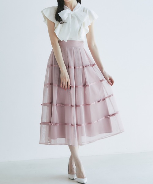 palesop dollette スカート ピンク フレアスカート リボン デコレーションリボンメッシュタックフレアスカート（スカート
