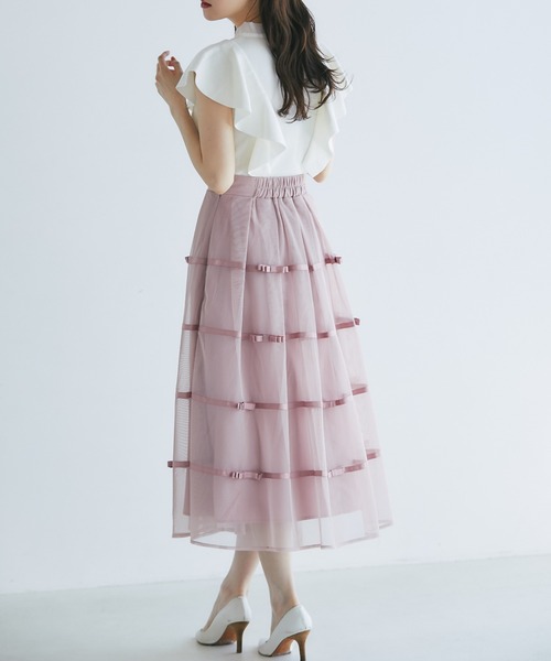 tocco closet(トッコ クローゼット)の「デコレーションリボンメッシュタックフレアスカート(スカート・レディース・ピンク/ブラック/グレー・M)」の15枚目の写真