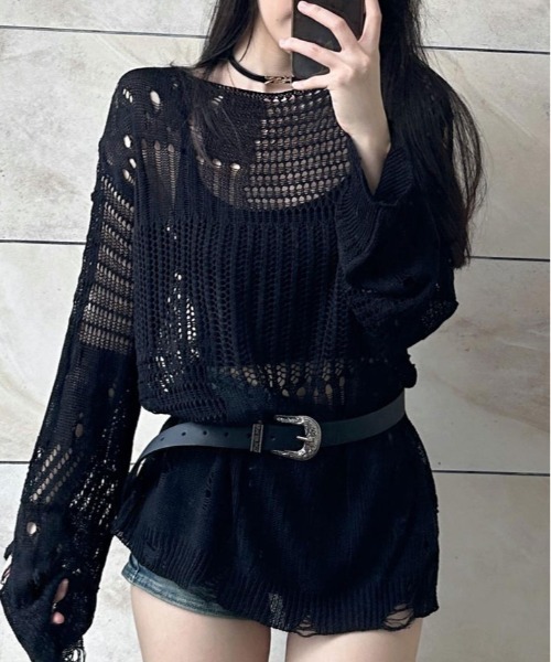 セール】ロング スリーブ ダメージ ニット トップス（ニット/セーター  