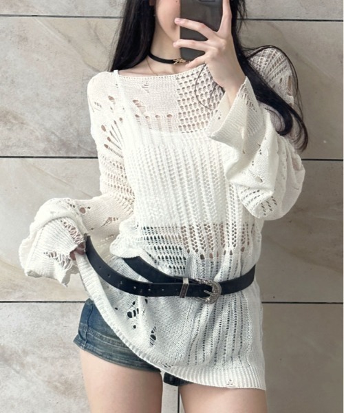 kirakiraShop(キラキラショップ)の「ロング スリーブ ダメージ ニット トップス(ニット/セーター・レディース・ブラック/ホワイト・FREE)」の3枚目の写真