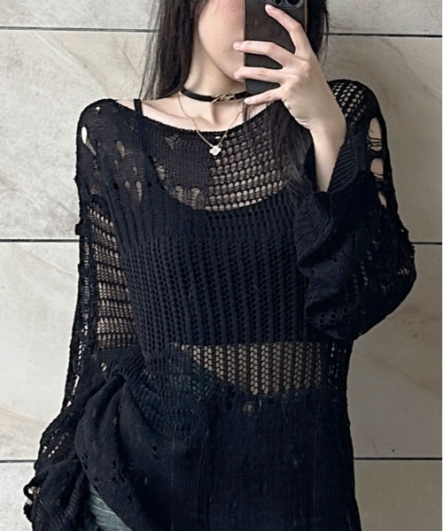 kirakiraShop(キラキラショップ)の「ロング スリーブ ダメージ ニット トップス(ニット/セーター・レディース・ブラック/ホワイト・FREE)」の4枚目の写真