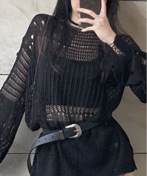 kirakiraShop(キラキラショップ)の「ロング スリーブ ダメージ ニット トップス(ニット/セーター・レディース・ブラック/ホワイト・FREE)」の5枚目の写真