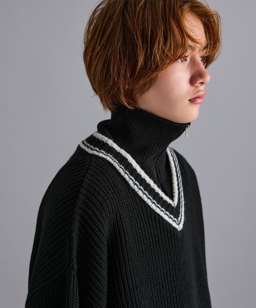 JUNRED（ジュンレッド）の「ハーフジップレイヤードニット（ニット/セーター・メンズ・グリーン/ブラック・L/M/S）」の4枚目の写真