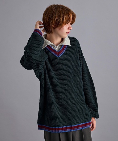 JUNRED（ジュンレッド）の「ハーフジップレイヤードニット（ニット/セーター・メンズ・グリーン/ブラック・L/M/S）」の5枚目の写真