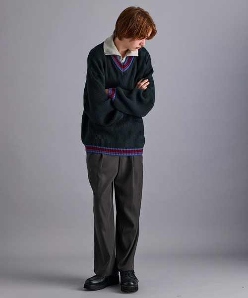 JUNRED（ジュンレッド）の「ハーフジップレイヤードニット（ニット/セーター・メンズ・グリーン/ブラック・L/M/S）」の9枚目の写真