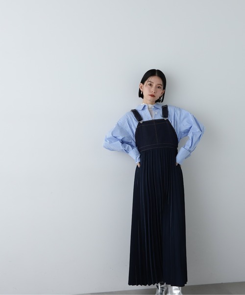 N.（N. Natural Beauty Basic）（エヌエヌナチュラルビューティーベーシック）の「◆サテンプリーツドッキングジャンパースカート（ジャンパースカート・レディース・ベージュ/ネイビー・MEDIUM）」の14枚目の写真