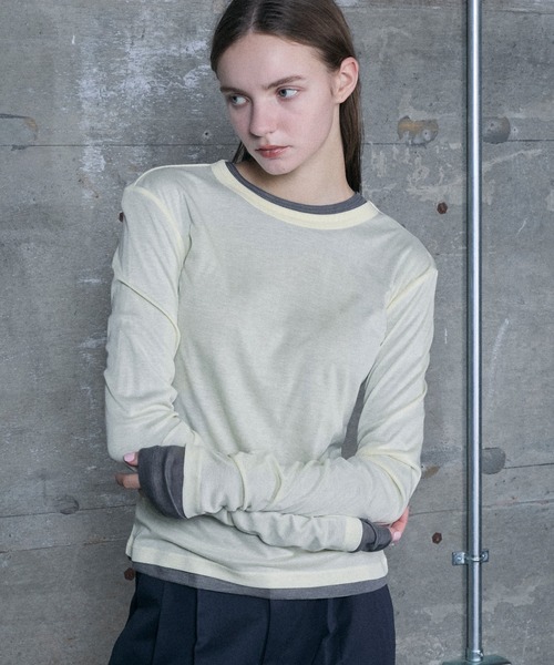 le ELMi（ルエルミ）の「Neck design sheer long tee / ダブルリブデザイン シアーロングTシャツ（Tシャツ/カットソー・レディース・チャコールグレー/ライトイエロー/オフホワイト/ブラック・FREE）」の4枚目の写真